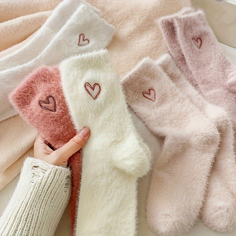 5 Pairs Heart-Embroidered Plush Mid-Calf Socks | Warm and Cute, Suitable for Autumn and Winter, Women'S Thick Floor Socks