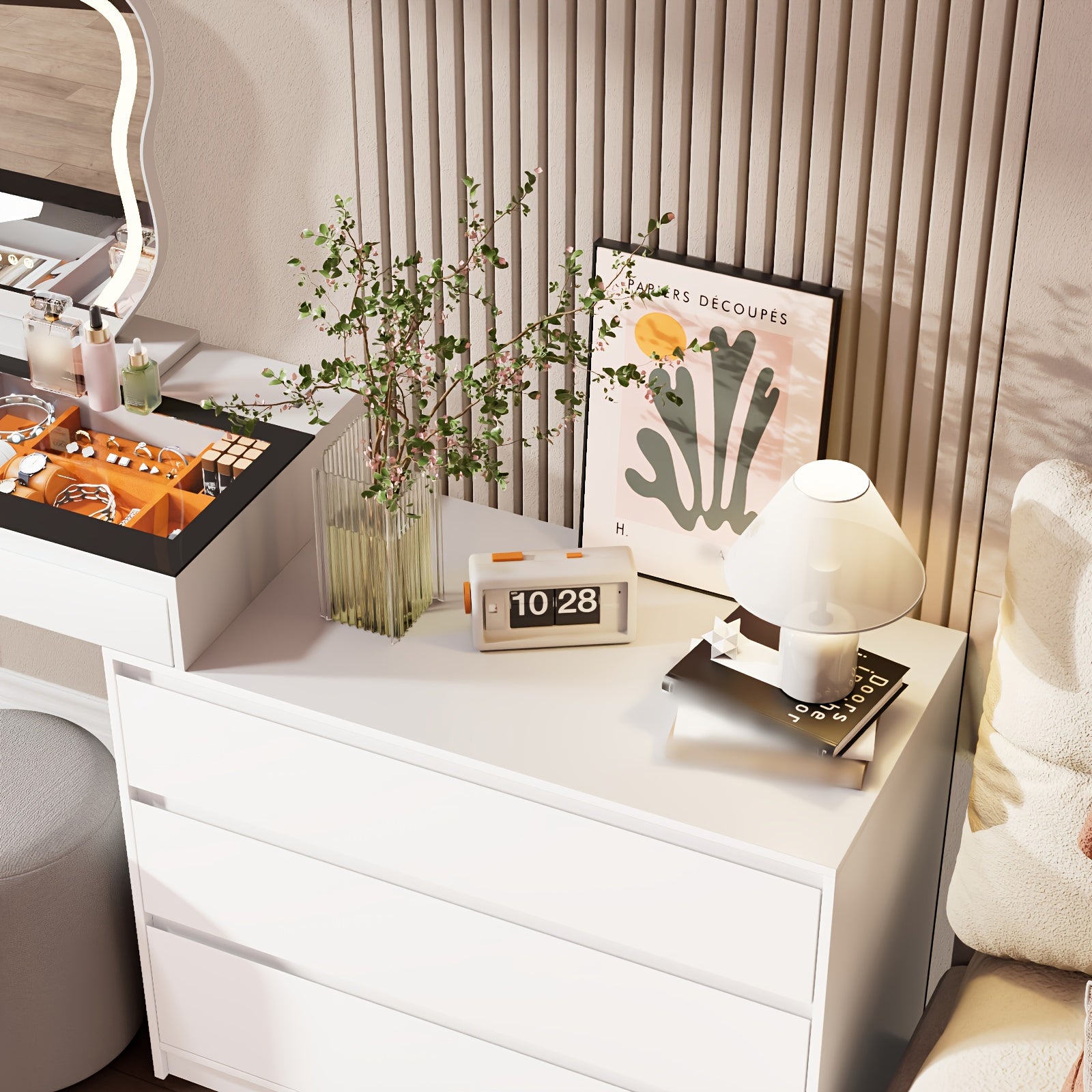 1Pc Jewelry Storage Cabinet - White Organizer With LED Lights And Motion Sensor, Large Capacity With 3 Drawers And Glass Display Top, Perfect For Storing Jewelry, Watches, Cosmetics - Ideal Gift For Bedroom Or Dressing Room (