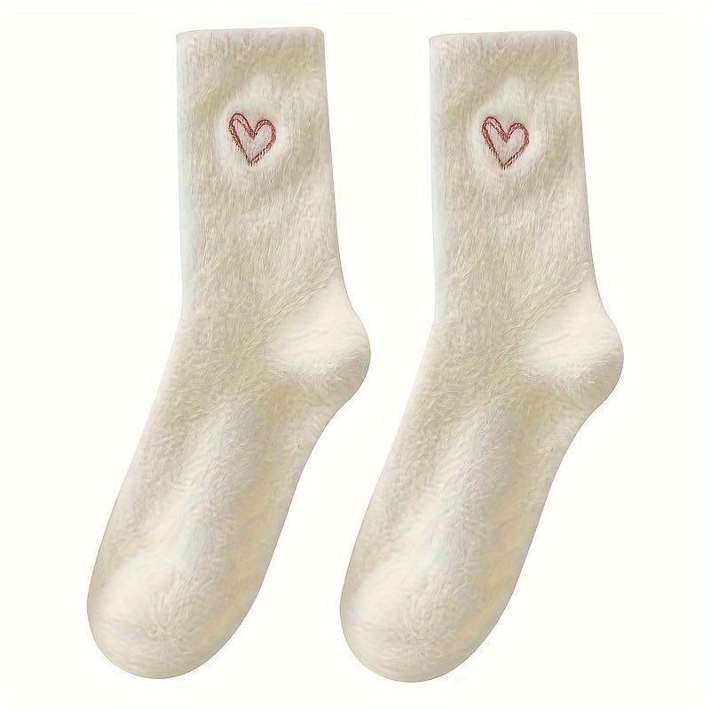 5 Pairs Heart-Embroidered Plush Mid-Calf Socks | Warm and Cute, Suitable for Autumn and Winter, Women'S Thick Floor Socks