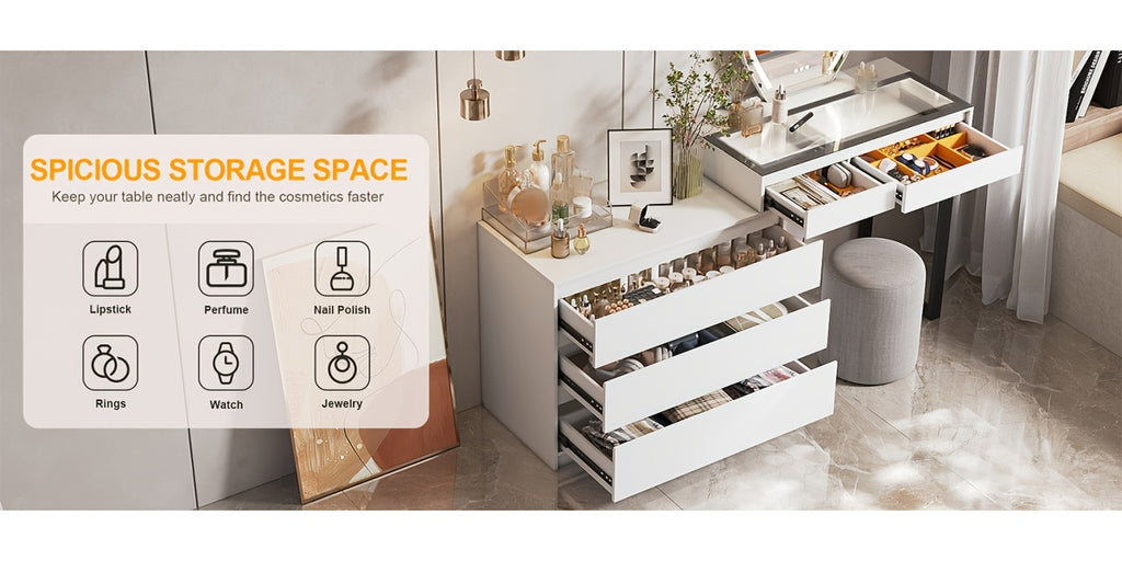 1Pc Jewelry Storage Cabinet - White Organizer With LED Lights And Motion Sensor, Large Capacity With 3 Drawers And Glass Display Top, Perfect For Storing Jewelry, Watches, Cosmetics - Ideal Gift For Bedroom Or Dressing Room (