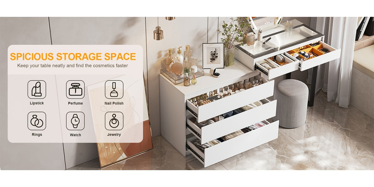 1Pc Jewelry Storage Cabinet - White Organizer With LED Lights And Motion Sensor, Large Capacity With 3 Drawers And Glass Display Top, Perfect For Storing Jewelry, Watches, Cosmetics - Ideal Gift For Bedroom Or Dressing Room (