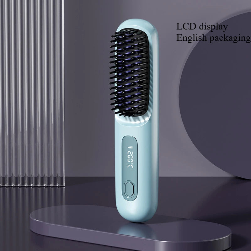 Peigne électrique en céramique avec chauffage Usb, LCD, sans fil, Portable, outil de coiffure à ions négatifs, brosse à lisser Rechargeable