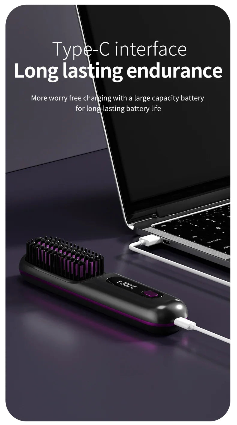 Peigne électrique en céramique avec chauffage Usb, LCD, sans fil, Portable, outil de coiffure à ions négatifs, brosse à lisser Rechargeable