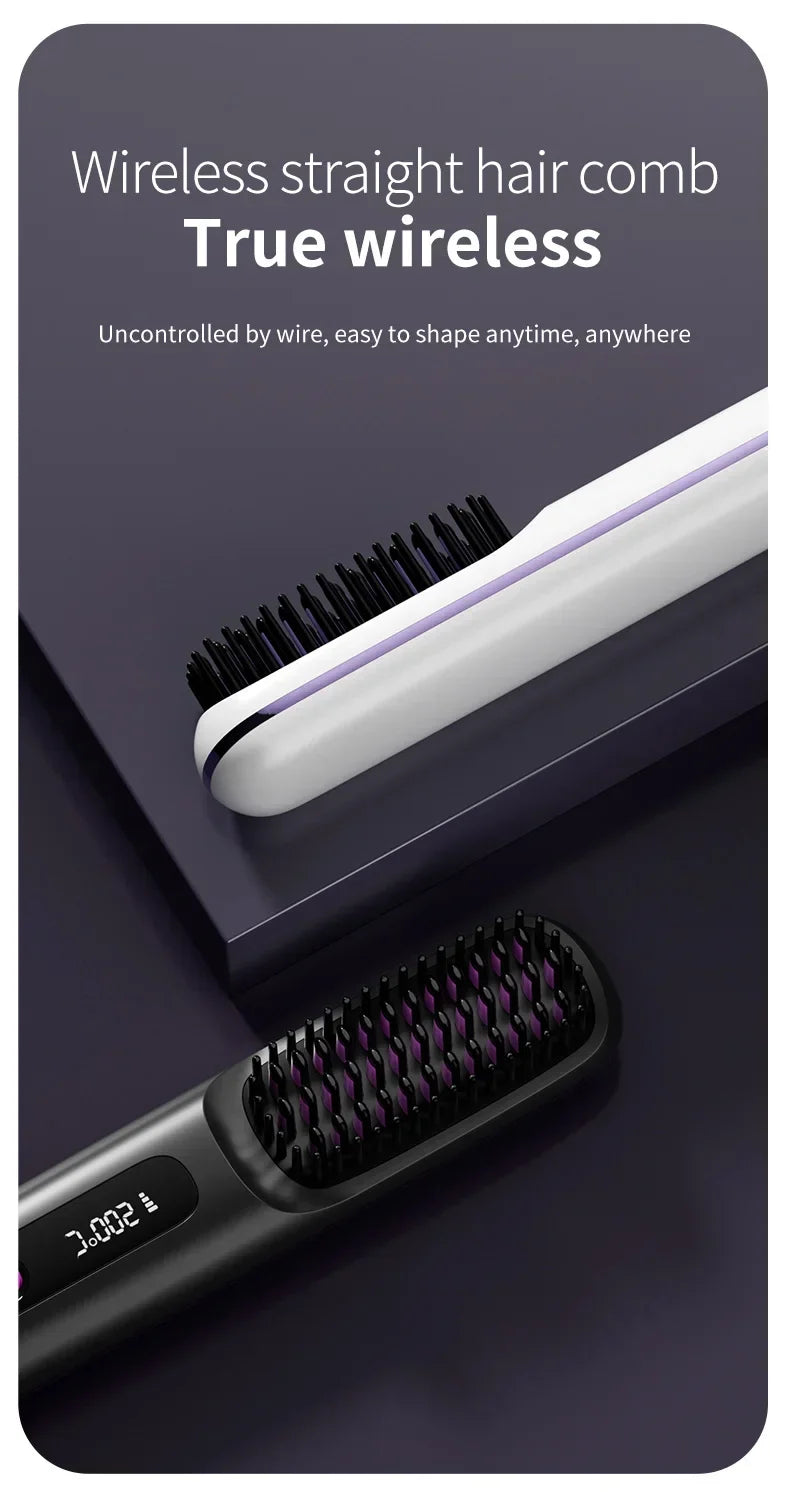 Peigne électrique en céramique avec chauffage Usb, LCD, sans fil, Portable, outil de coiffure à ions négatifs, brosse à lisser Rechargeable
