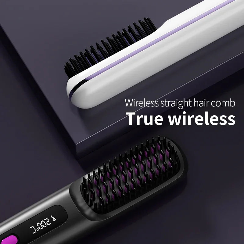Peigne électrique en céramique avec chauffage Usb, LCD, sans fil, Portable, outil de coiffure à ions négatifs, brosse à lisser Rechargeable