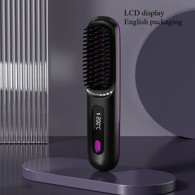 Peigne électrique en céramique avec chauffage Usb, LCD, sans fil, Portable, outil de coiffure à ions négatifs, brosse à lisser Rechargeable