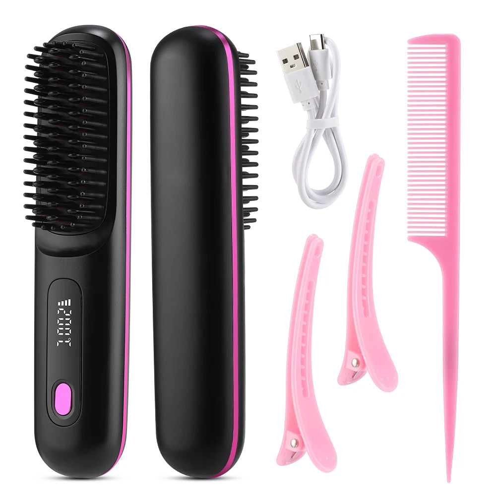 Lisseur de cheveux professionnel sans fil, peigne à friser, Rechargeable par USB, chauffage rapide, brosse à friser les ions négatifs, outils de coiffure