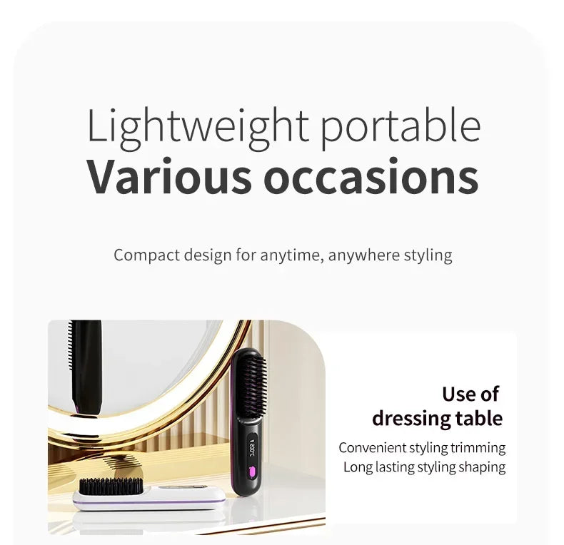 Peigne électrique en céramique avec chauffage Usb, LCD, sans fil, Portable, outil de coiffure à ions négatifs, brosse à lisser Rechargeable