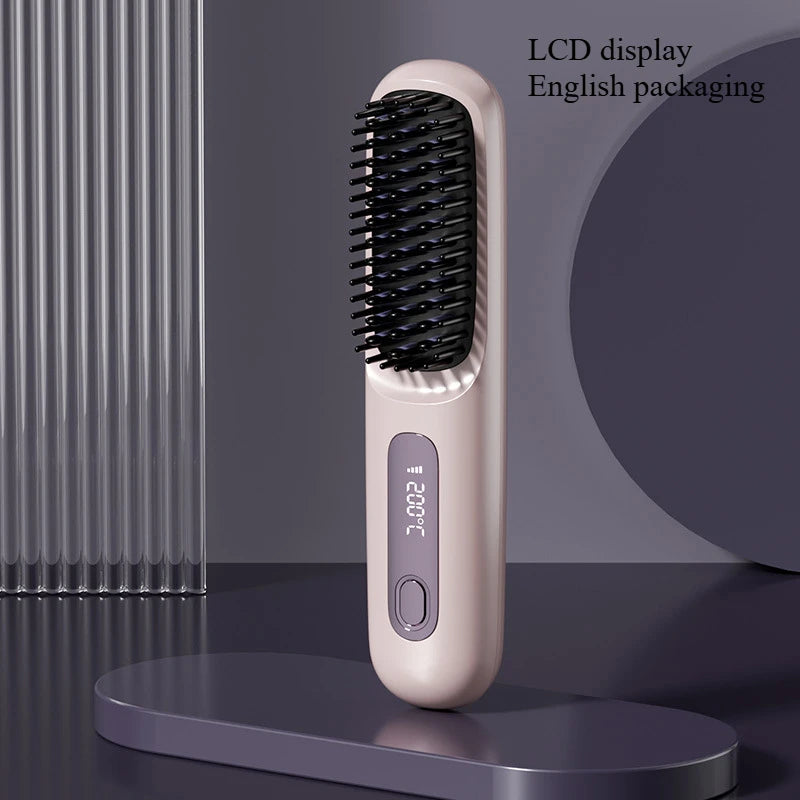 Peigne électrique en céramique avec chauffage Usb, LCD, sans fil, Portable, outil de coiffure à ions négatifs, brosse à lisser Rechargeable