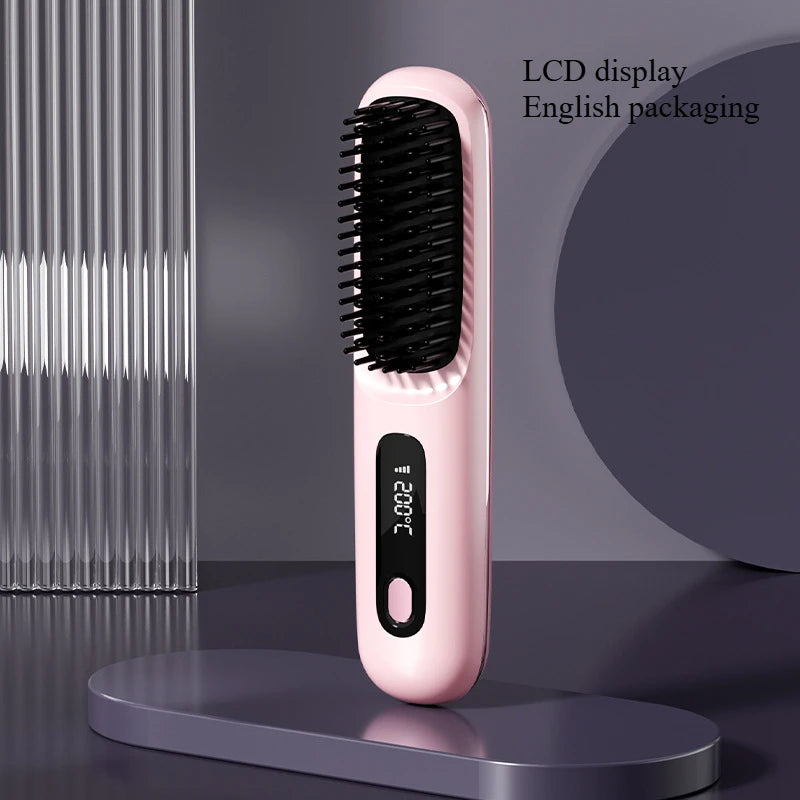 Peigne électrique en céramique avec chauffage Usb, LCD, sans fil, Portable, outil de coiffure à ions négatifs, brosse à lisser Rechargeable