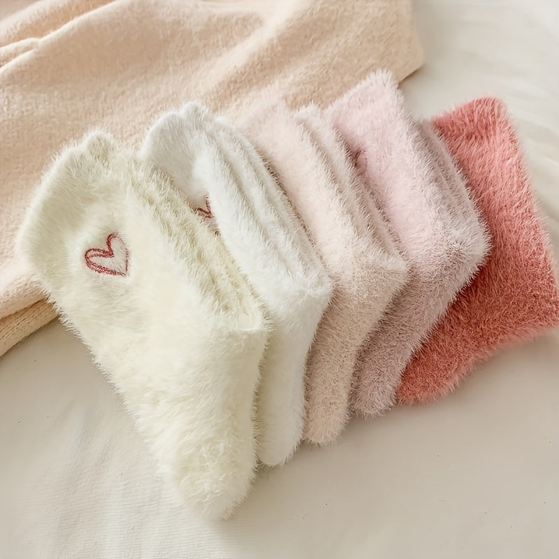 5 Pairs Heart-Embroidered Plush Mid-Calf Socks | Warm and Cute, Suitable for Autumn and Winter, Women'S Thick Floor Socks