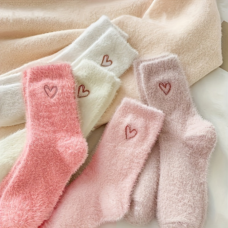5 Pairs Heart-Embroidered Plush Mid-Calf Socks | Warm and Cute, Suitable for Autumn and Winter, Women'S Thick Floor Socks