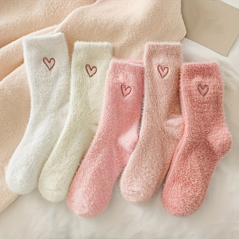 5 Pairs Heart-Embroidered Plush Mid-Calf Socks | Warm and Cute, Suitable for Autumn and Winter, Women'S Thick Floor Socks